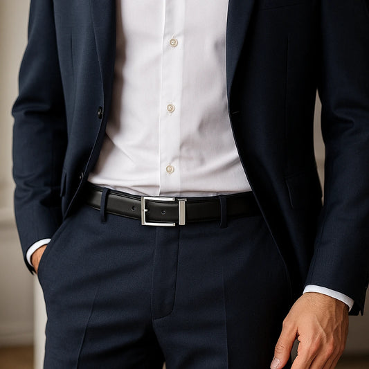 Reversible black leather belt with polished swivel buckle | Beltrium