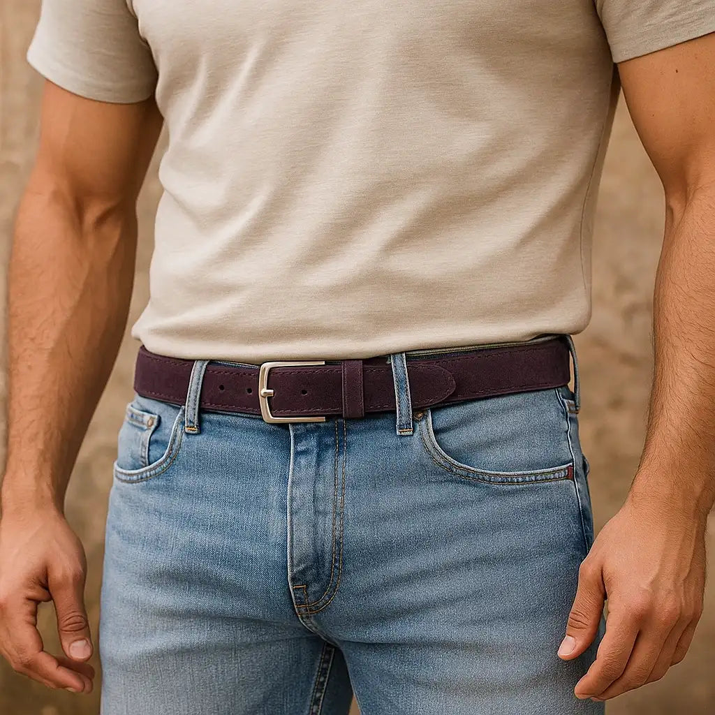Cinturon de ante burdeos en un pantalon vaquero con camiseta beige