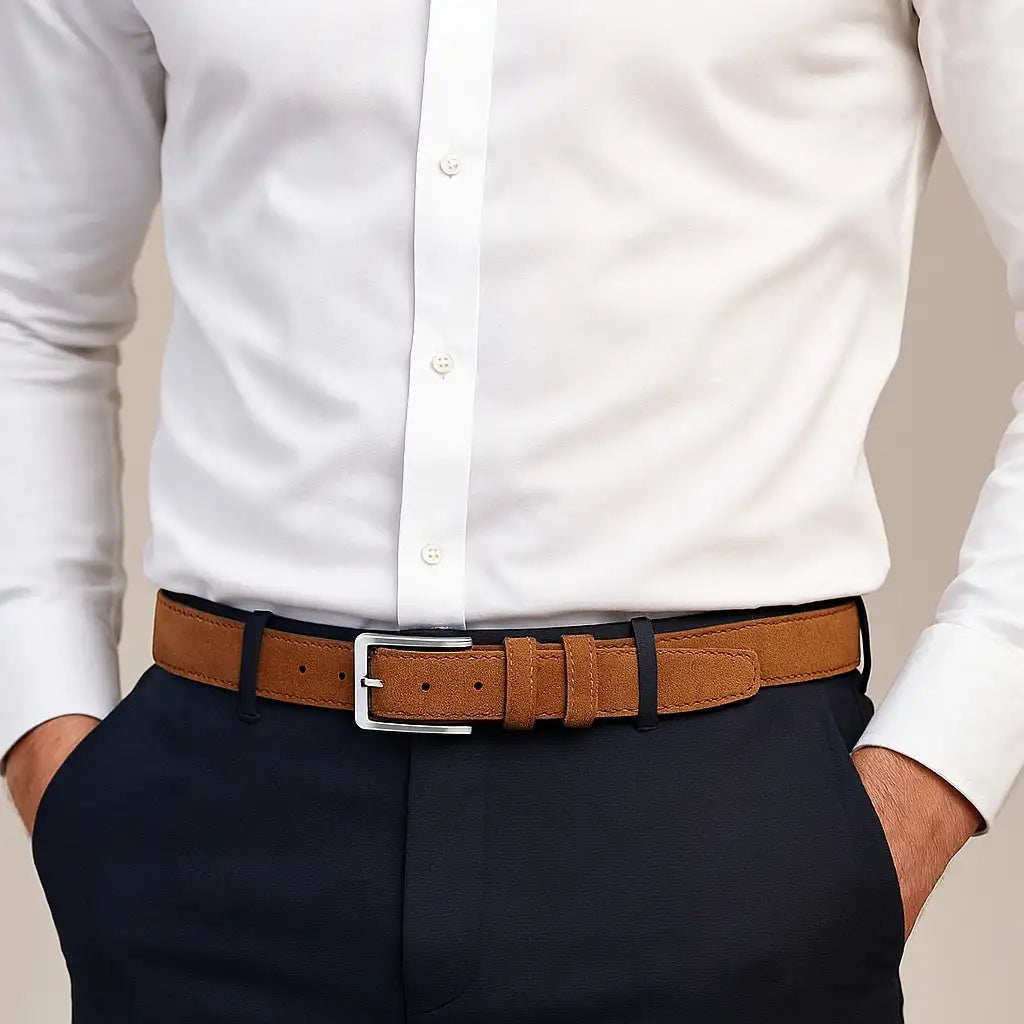 Cinturon de ante marron con hebilla metalica llevado con camisa blanca y pantalon oscuro