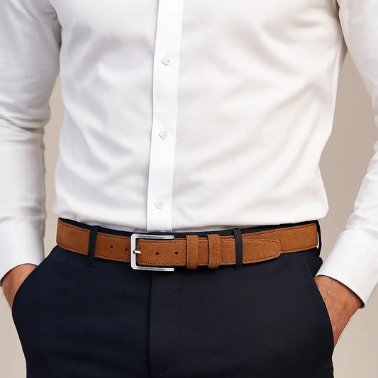 Cinturon de ante marron con hebilla metalica llevado con camisa blanca y pantalon oscuro