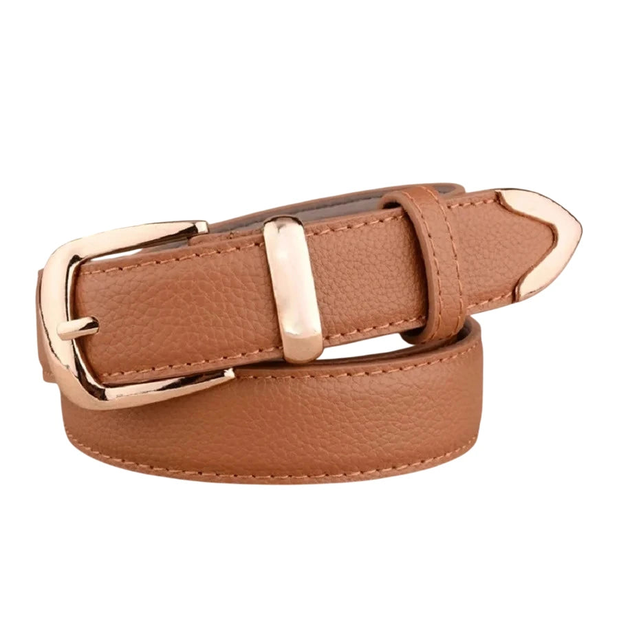 cinturón camel estrecho enrollado con hebilla dorada vista frontal