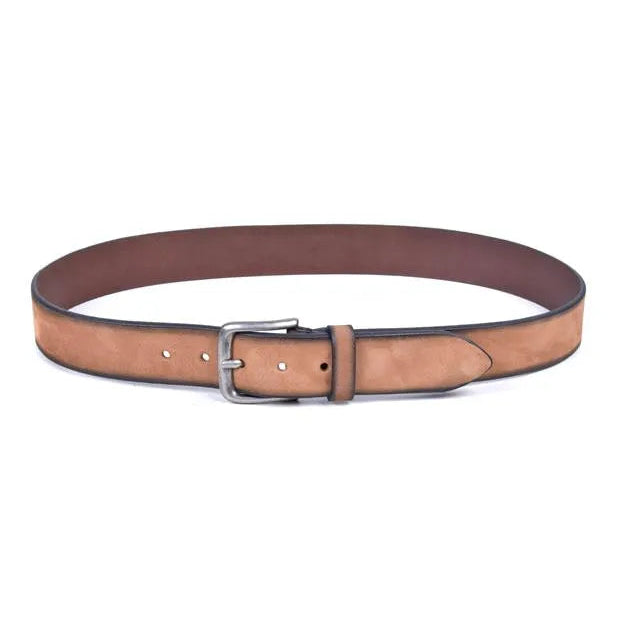 cinturon de cuero camel 40 mm visto extendido con hebilla niquel viejo