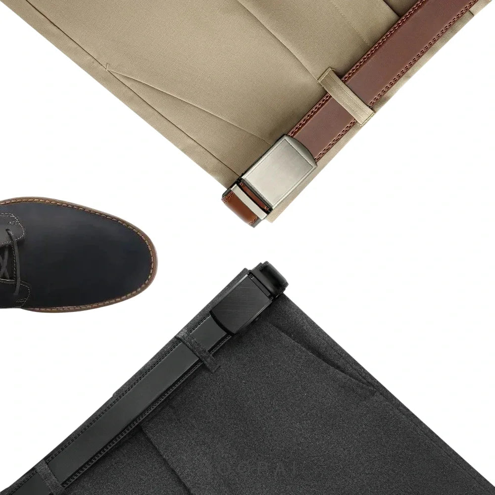 cinturones marrón y negro colocados en pantalones beige y gris