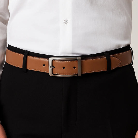 hombre con camisa blanca y pantalón negro usando cinturón caramelo