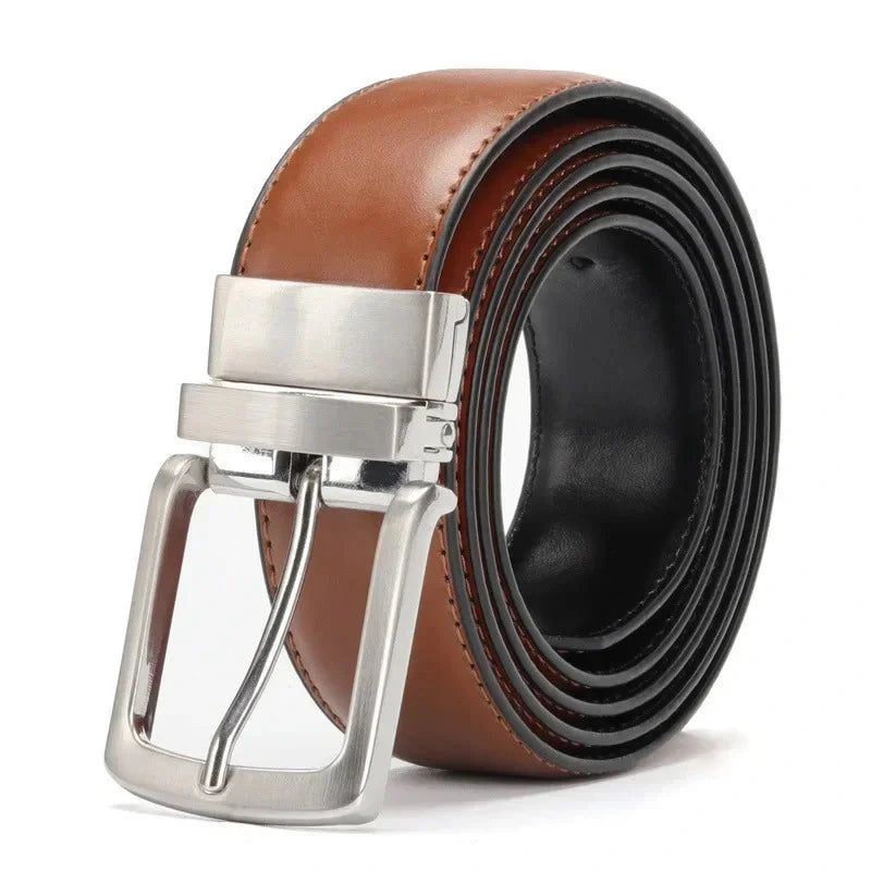 Cinturon reversible enrollado en marron claro y negro con hebilla metalica giratoria