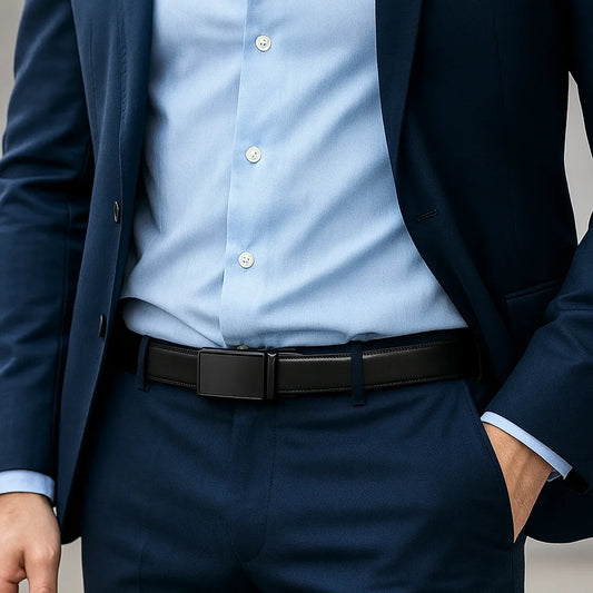 cinturón negro automático ajustado en un pantalón azul de vestir