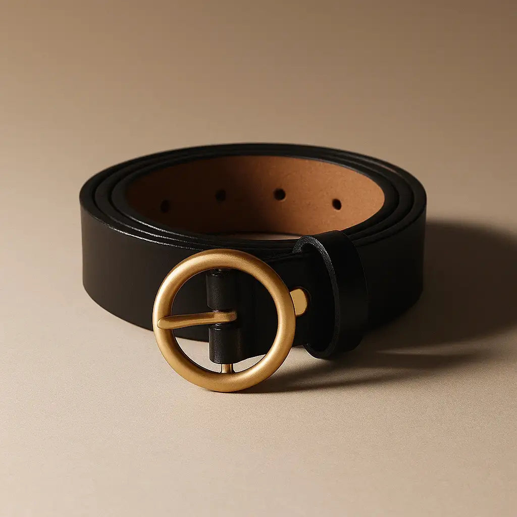 cinturón negro con hebilla circular dorada desenrollado sobre fondo beige