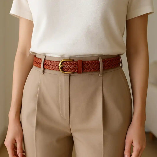 mujer con cinturon trenzado marron claro sobre pantalon beige y camiseta blanca