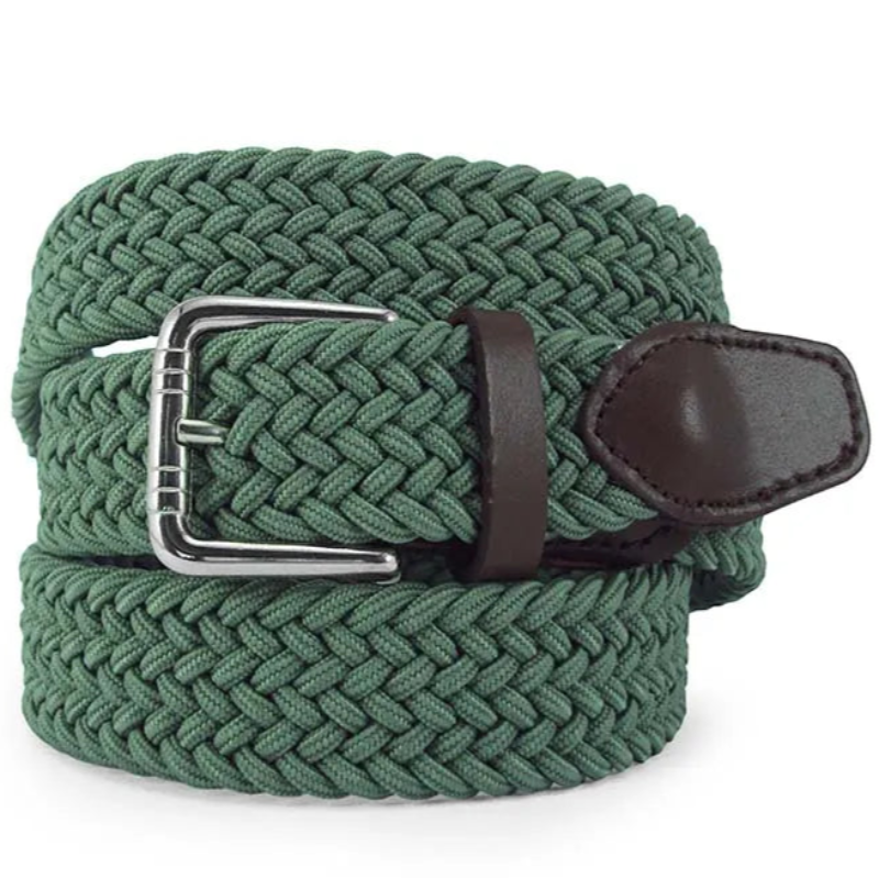 cinturon elastico trenzado de 25 mm verde enrollado vista frontal con hebilla niquelada