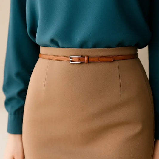 mujer con cinturón marrón fino de cuero ajustado sobre falda beige