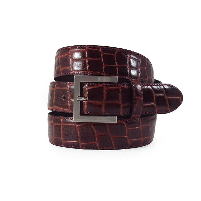 cinturon mujer de piel grabado coco marron enrollado vista frontal con hebilla rectangular de niquel y costuras vistas