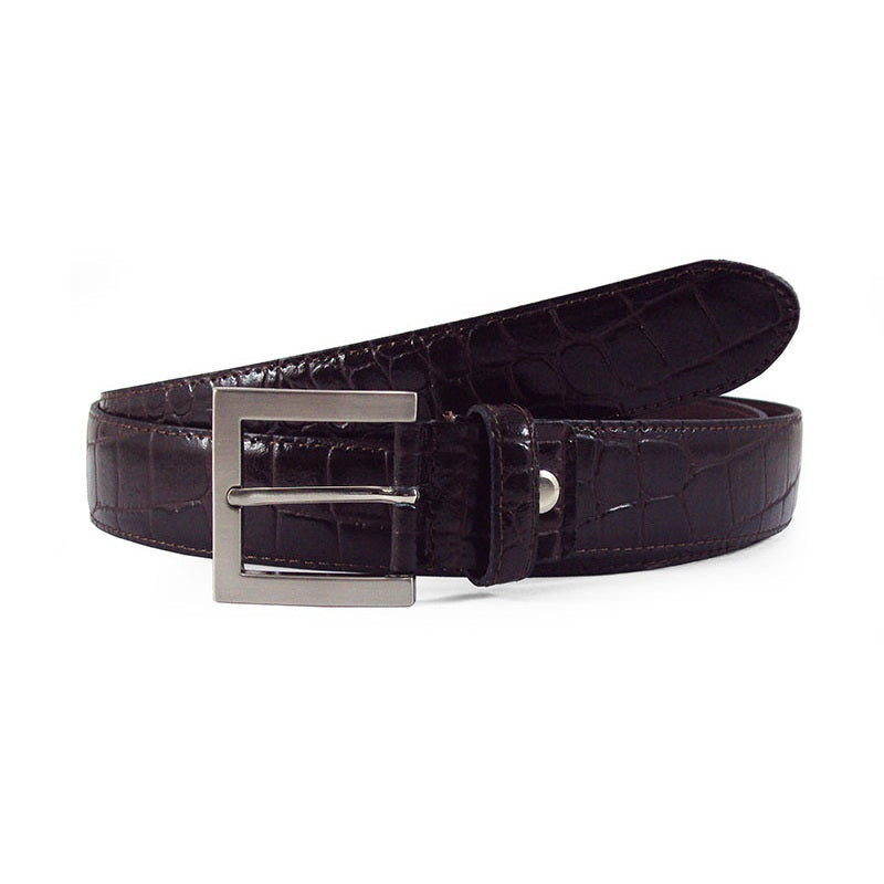 cinturon mujer piel grabado coco marron oscuro en vista lateral con hebilla rectangular de niquel