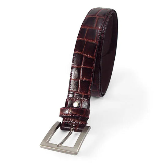 cinturon mujer piel grabado coco marron en perspectiva diagonal con hebilla rectangular de niquel