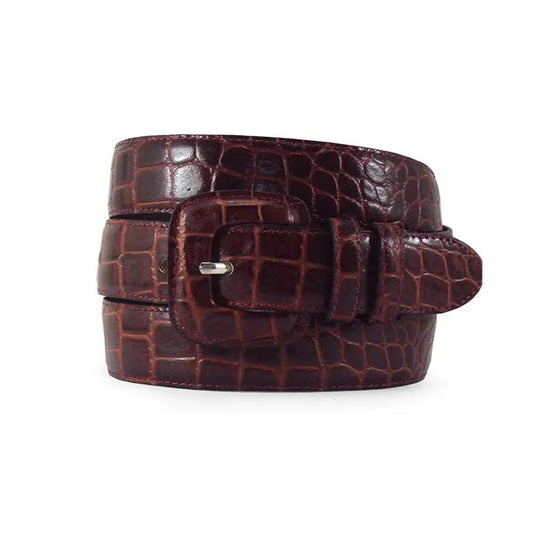 cinturon mujer de piel grabado coco marron enrollado con hebilla forrada y doble pasador vista frontal