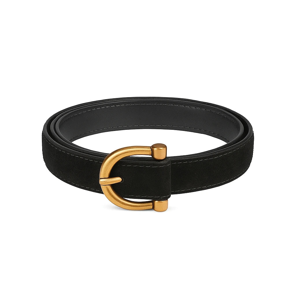 cinturón negro de ante fino enrollado con hebilla dorada vista frontal