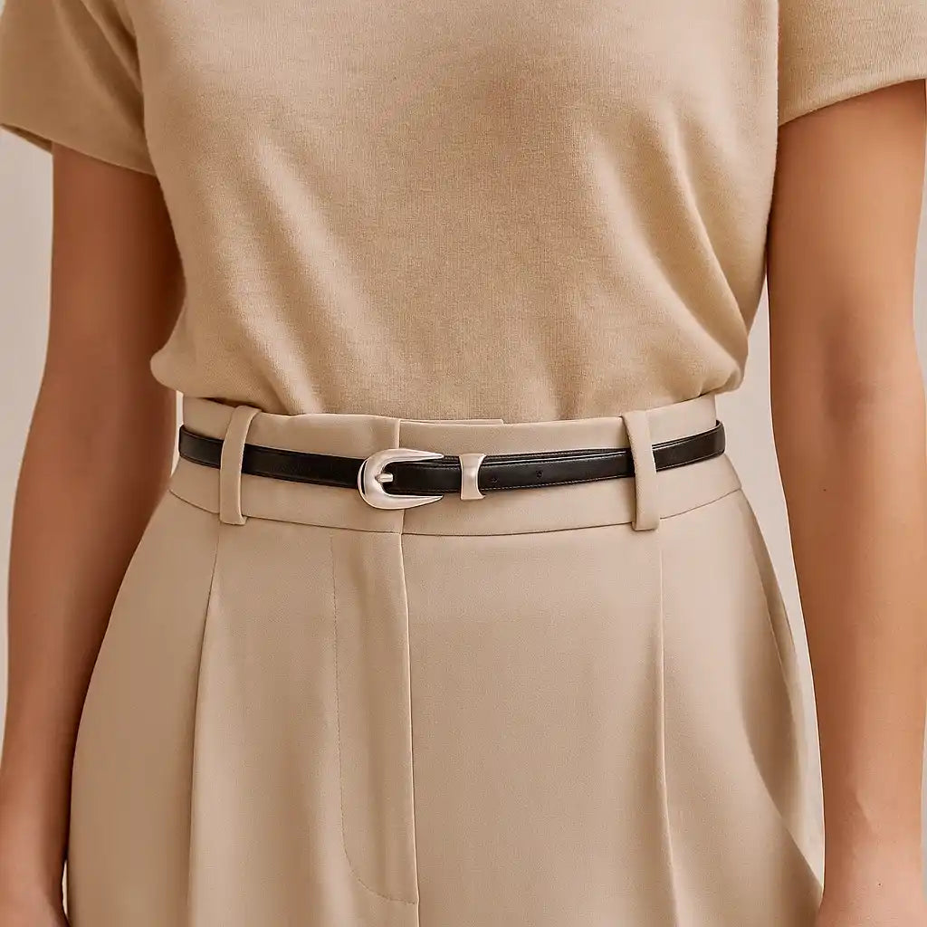 Cinturón negro de cuero fino colocado sobre pantalón de vestir beige