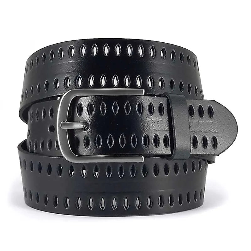 cinturon de piel negro troquelado enrollado con hebilla metalica niquelada vista frontal