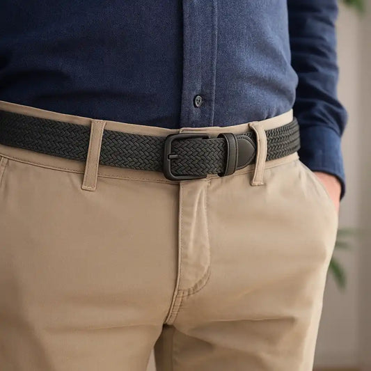 cinturón trenzado negro puesto en pantalón beige con camisa azul de manga larga