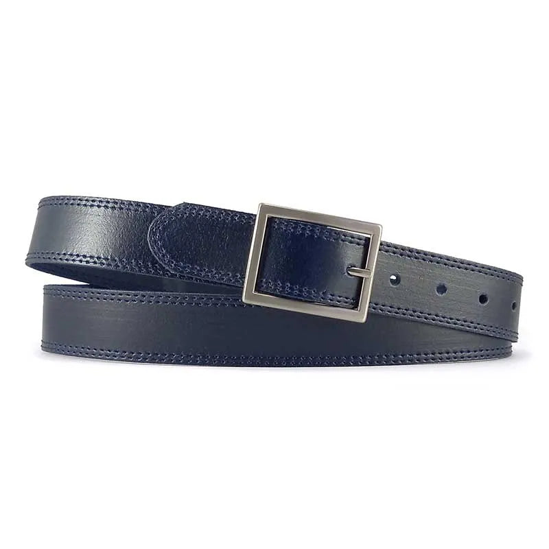 cinturon de piel azul extendido vista lateral con hebilla cuadrada niquelada