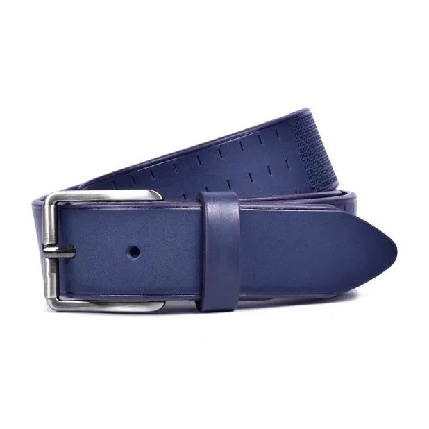 cinturon piel azul marino vista frontal enrollado con hebilla niquel