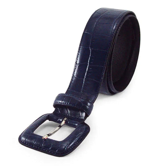 cinturon de piel azul con grabado coco vista completa hebilla cuadrada forrada