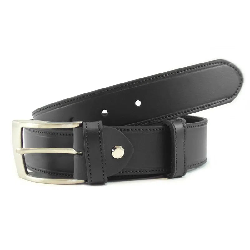 cinturon azul marino de piel con pespuntes al tono y hebilla rectangular metalica vista frontal