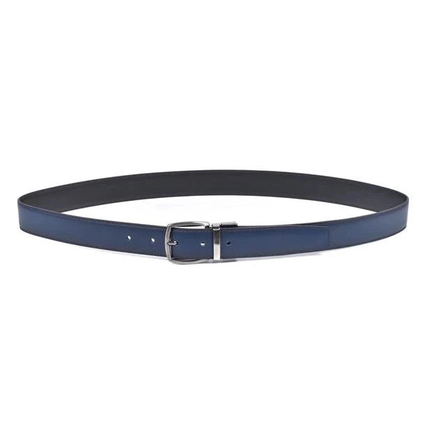 cinturon de piel azul micrograno reversible con hebilla niquel enrollado