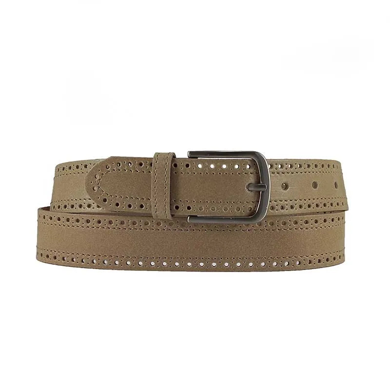 cinturon de piel estilo brogue color beige con hebilla redondeada vista extendida