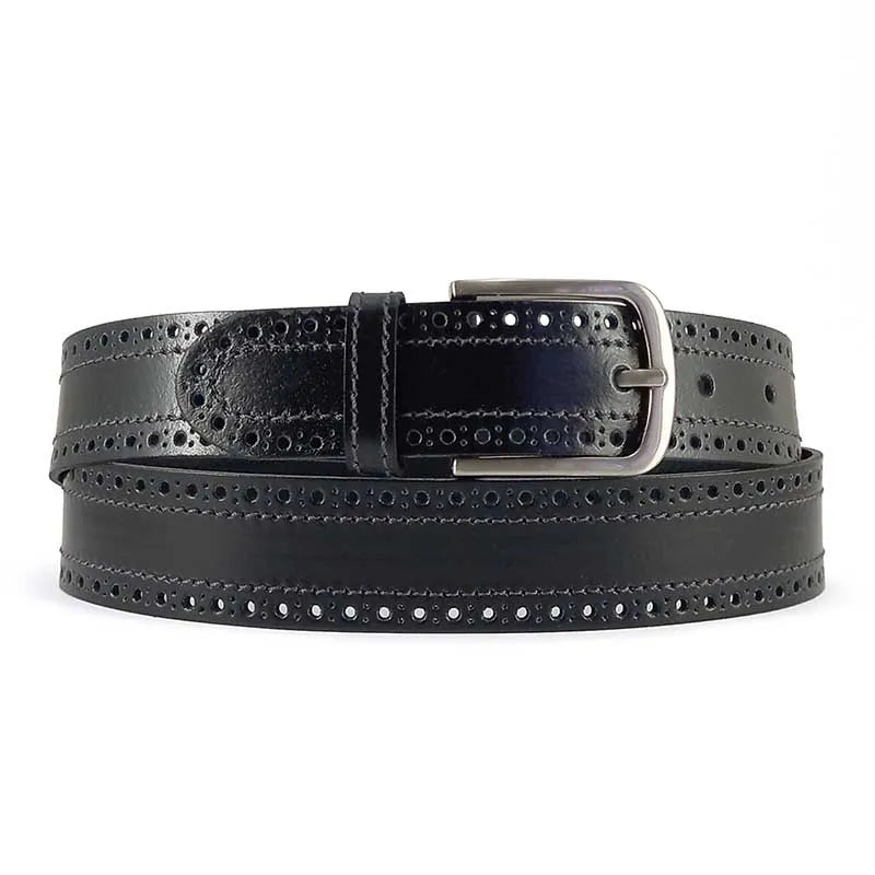 cinturon de piel estilo brogue color negro con hebilla redondeada vista extendida