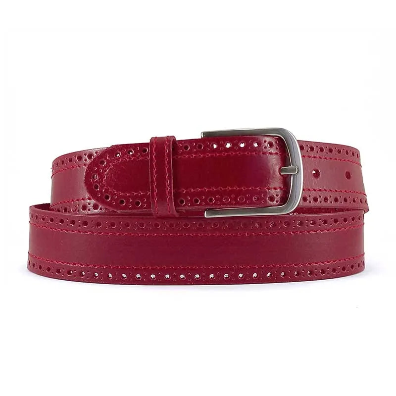 cinturon de piel estilo brogue color rojo con hebilla redondeada vista extendida