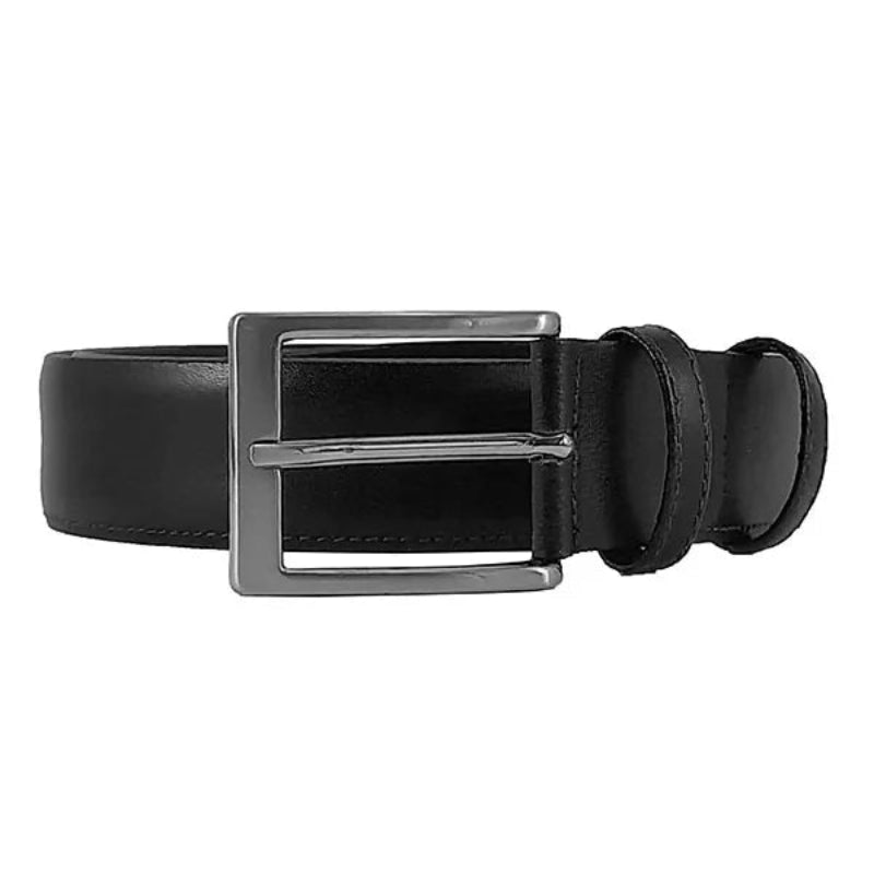 vista frontal del cinturon de piel negro con hebilla rectangular niquel y doble pasador