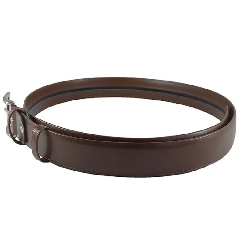 cinturon de piel marron vista lateral con costura perimetral y perfil redondeado