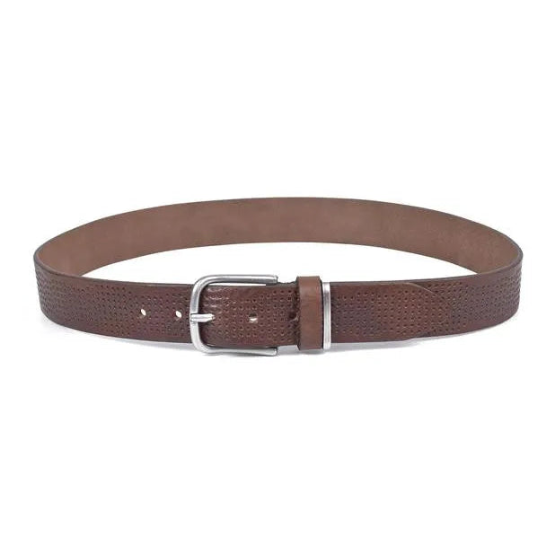 cinturon marron de piel grabada 40 mm vista frontal extendida con hebilla niquel