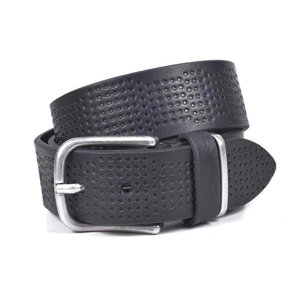 cinturon negro de piel grabada 40 mm enrollado con hebilla niquel
