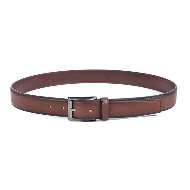 cinturon de piel marron liso 32 mm en forma de aro vista frontal con hebilla de aguja niquel negro