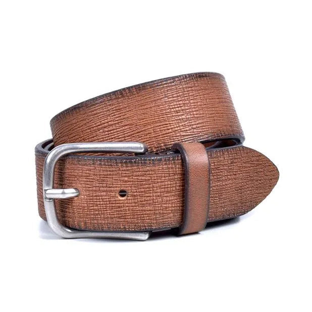 cinturon marron de piel 40 mm enrollado con hebilla niquel y textura cruzada