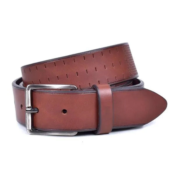 cinturon piel marron cognac vista frontal enrollado con hebilla niquel