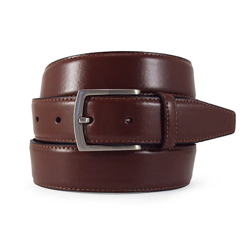 cinturon de piel marron enrollado con pespunte y hebilla satinada