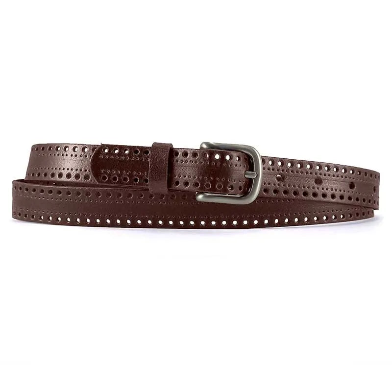cinturon de piel microperforado color marron oscuro con hebilla redondeada vista extendida