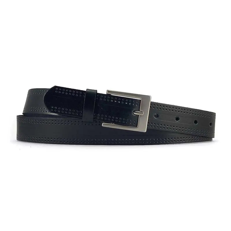 cinturon de piel microperforado color negro con hebilla rectangular metal vista enrollado