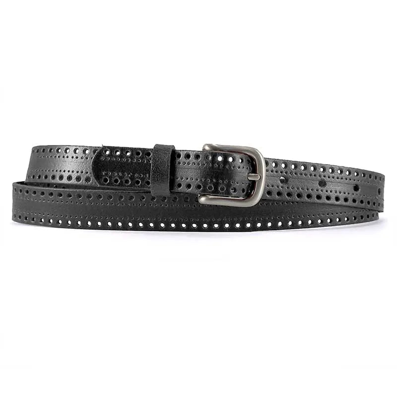 cinturon de piel microperforado color negro con hebilla redondeada vista extendida