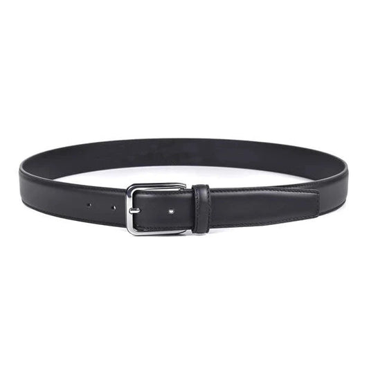 cinturon de piel negro liso en forma de aro con hebilla de bordes curvos vista frontal