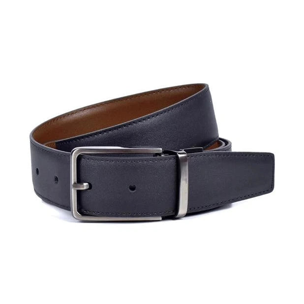 cinturon de piel negro reversible enrollado con hebilla rectangular niquel negro y interior a contraste