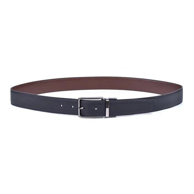 cinturon de piel negro reversible extendido con hebilla rectangular niquel negro