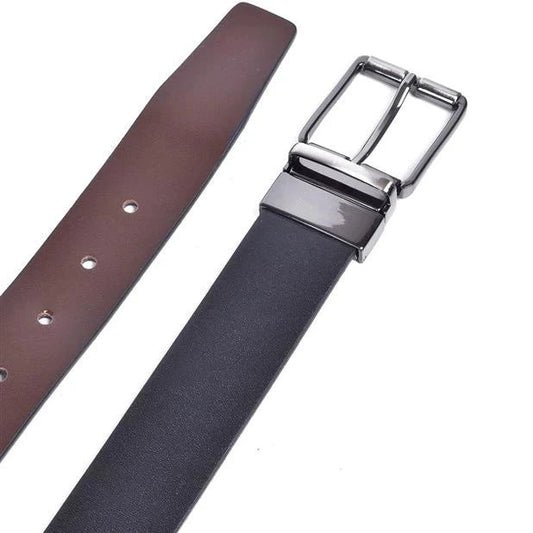 cinturon de piel negro reversible detalle de pasador y hebilla niquel