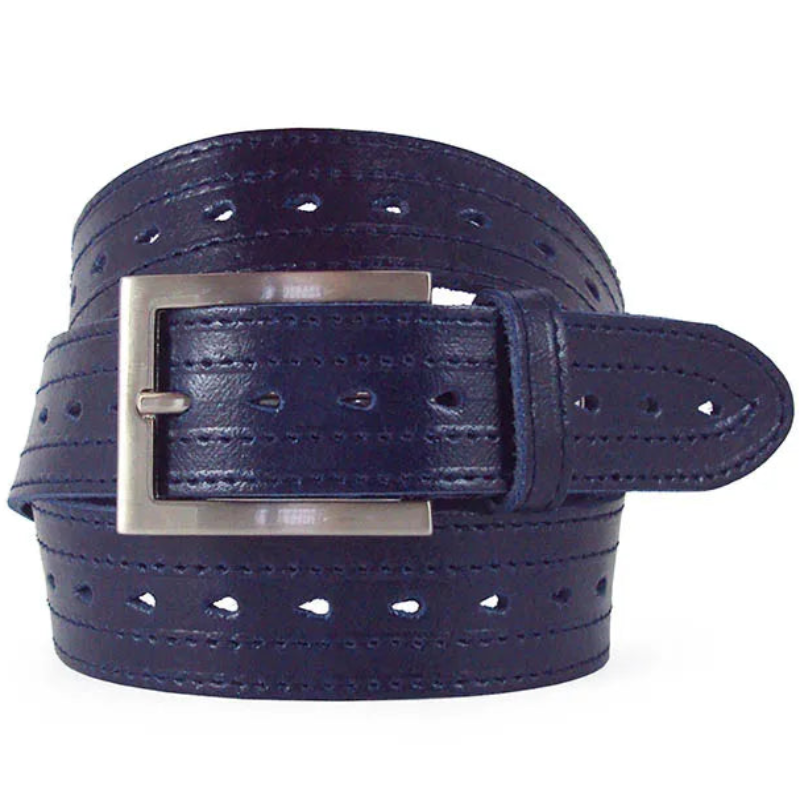 cinturon de piel picado azul enrollado vista frontal con hebilla rectangular niquel