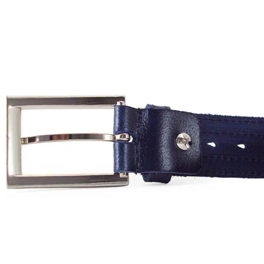 cinturon de piel picado azul vista lateral con hebilla niquel y lengueta abierta