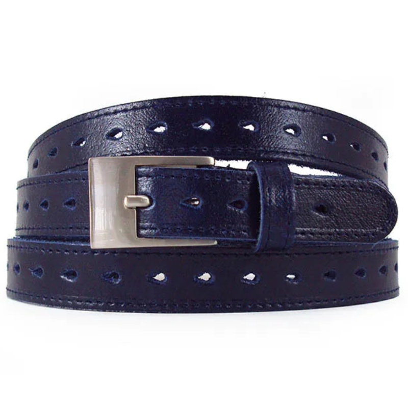 cinturón de piel azul con perforaciones decorativas y hebilla metálica vista frontal