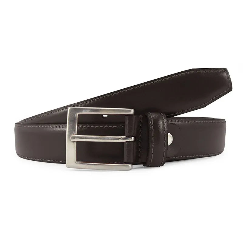 cinturon de piel marron oscuro de vestir 30 mm vista tres cuartos con hebilla niquel
