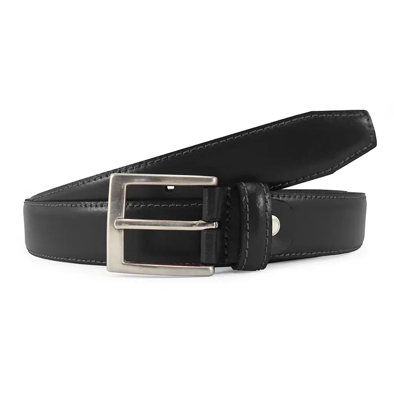 cinturon de piel negro de vestir 30 mm vista tres cuartos con hebilla niquel